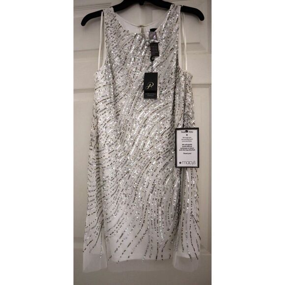 Adrianna Papell Women's Sz 14 Ivory Beaded Sequin Trapeze Lined Shift Dress - Picture 1 of 13